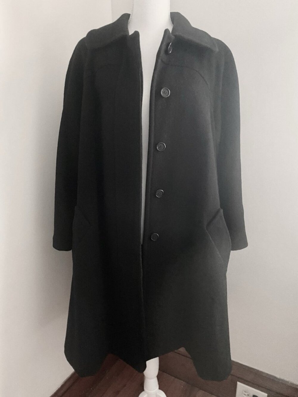 KASPER 100% Wool Black Winter Pea Coat Overcoat Vintage 1960s